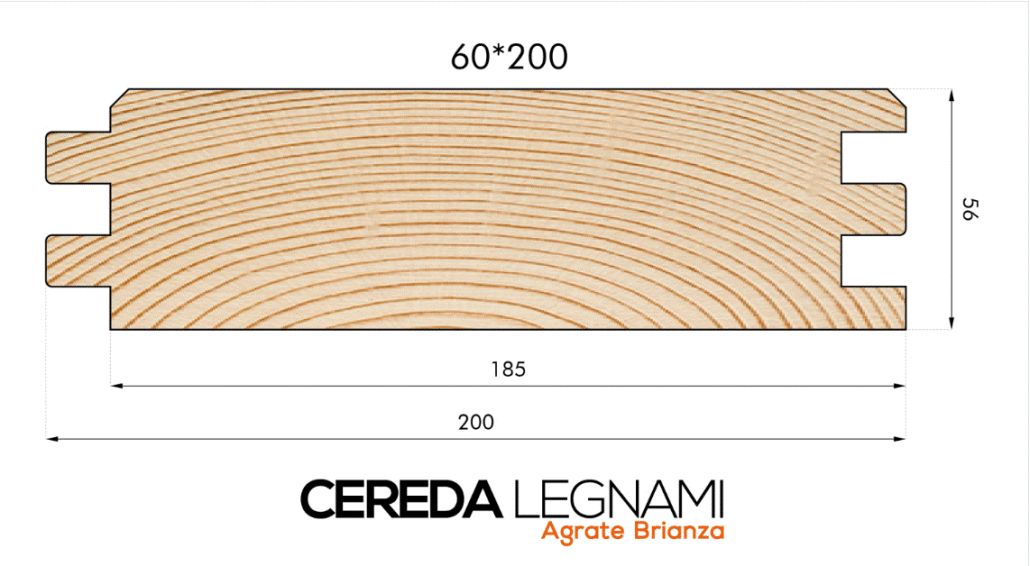 Esempio tecnico di sezione di assito in legno di conifera abete rosso spessore cm. 5 , cm. 6 alto spessore.